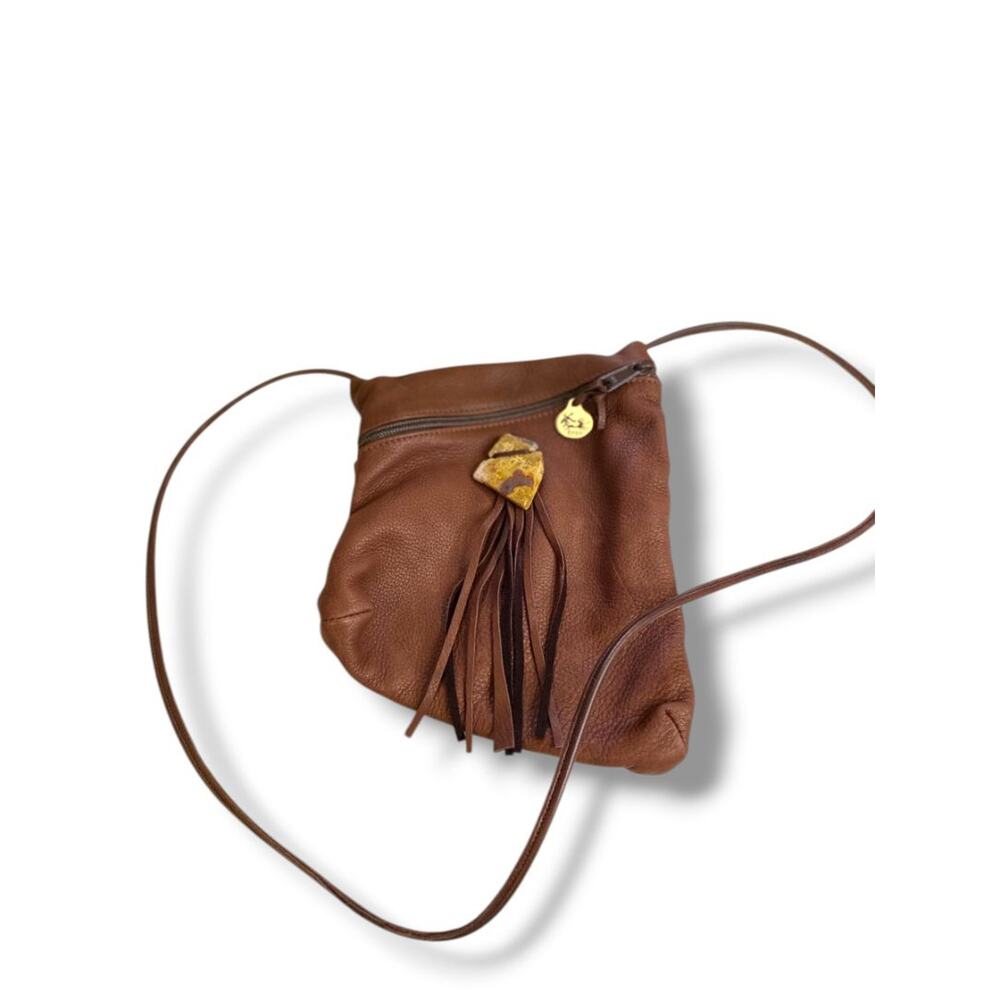 Erda of Maine Brown Leather Crossbody Boho Fringe Stone Festival Bag